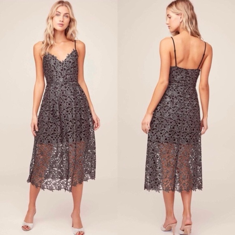 ASTR The Label Metallic Silver Gunmetal Lace Midi Dress – Size XXL